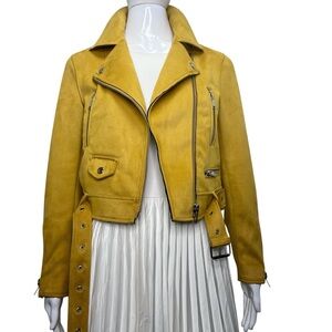 Zara Faux Suede Mustard Yellow Zipped Front Moto Jacket S